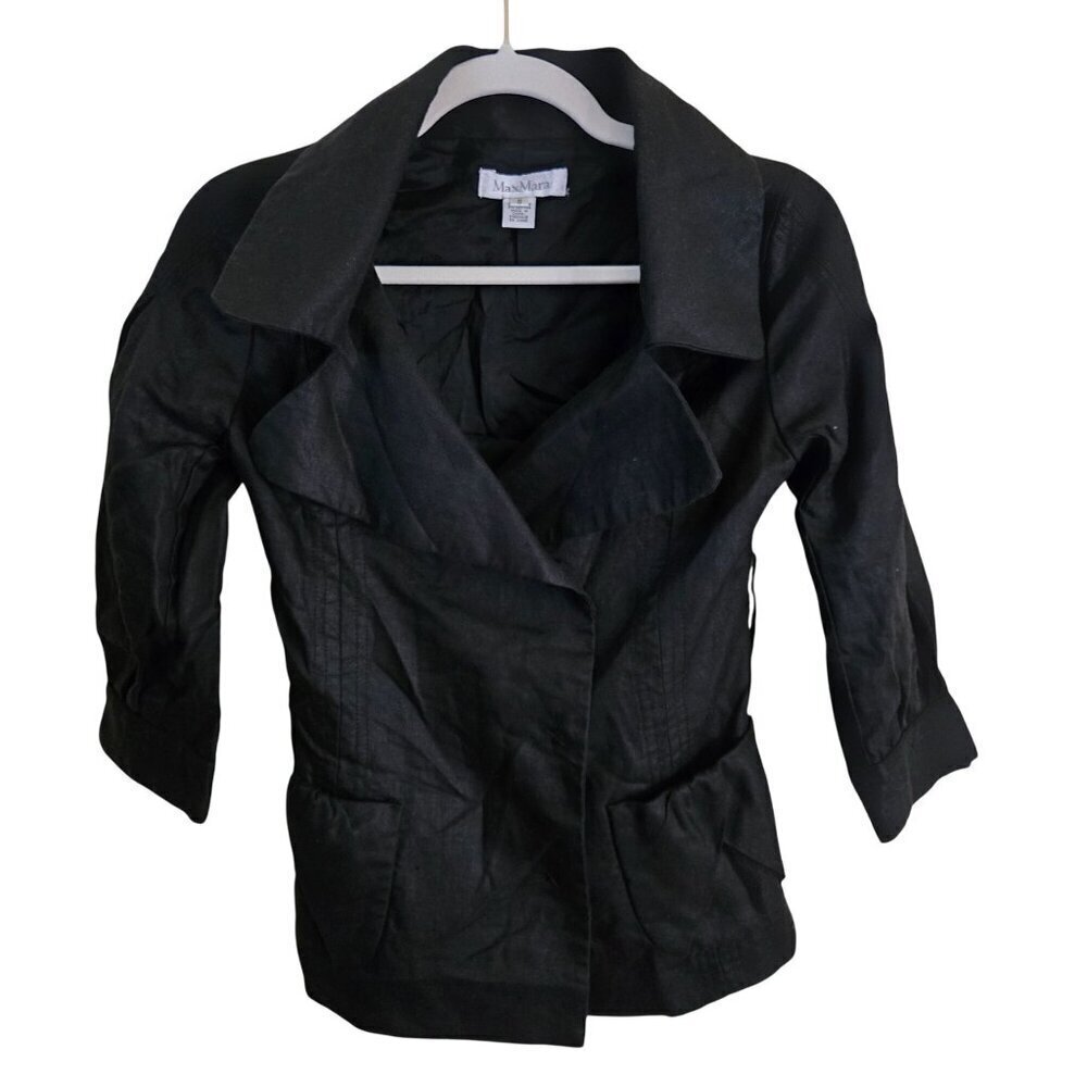 Max Mara Black Linen Blend Wide Lapel Pleated Detail Hidden Snap Blazer Size S